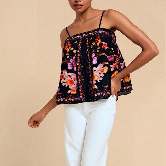 Black Boho Women's Floral Print Loose Camisole Tank Top - Picture 5 of 6